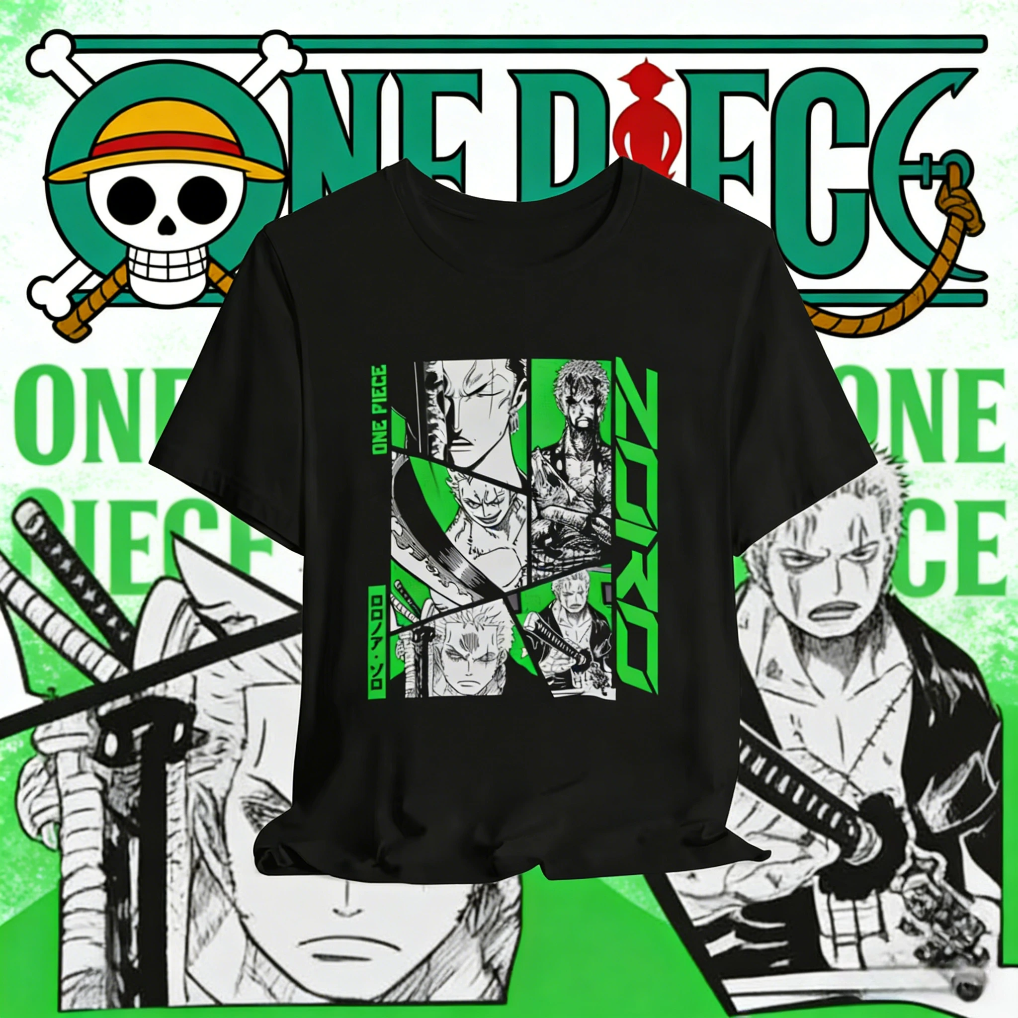 

2026 One Piece Roronoa Zoro Print Cotton T-Shirt, Vintage Anime Short Sleeve Top for Adults & Kids Streetwear for Anime Fans