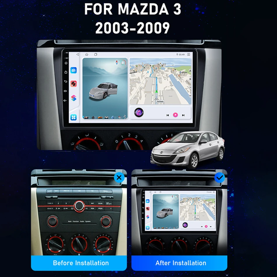 Radio Multimedia Srnubi para Mazda 3 2004 2005 2006 2007 2008 2009, Reproductor Android 14 2Din, Carplay, Android Auto, GPS, Navegación, RDS, DSP, Compatible con Control del Volante, Ventilador de Refrigeración, Estéreo con Marco 2
