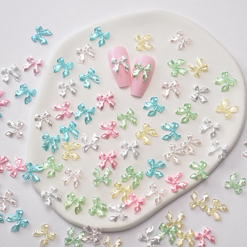 100 ชิ้น ชาร์มตกแต่งเล็บรูปโบว์ 3 มิติ เงาแบบมุก ผ้าซาตินแบบแบน สำหรับตกแต่งเล็บ โบว์สไตล์ Y2K สำหรับงาน DIY ทำเล็บ