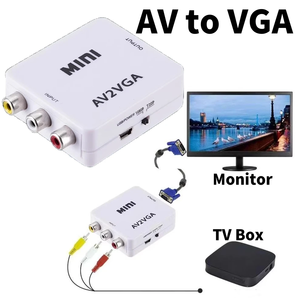 1080P NTSC/PAL AV RCA to VGA Converter with 3.5mm Audio USB Powered Plug & Play for Old TV Set-Top Box DVD to Projector/Monitor