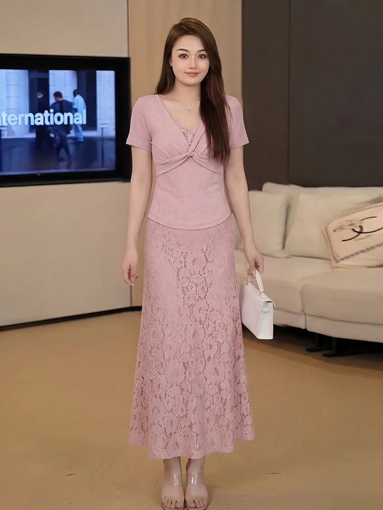 

Pink Lace Short Sleeve Set plus Size Women's Summer Gentle Atmosphere Sense Half Skirt Sleeve Top Fashionable Commute Style