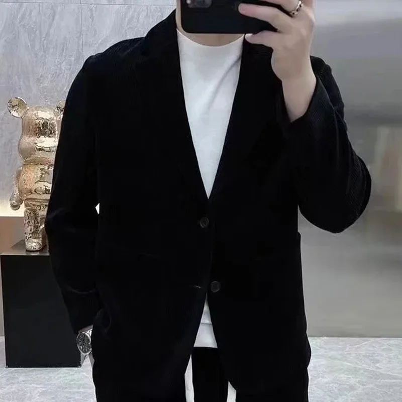 Fashion Suit Men's Spring Autumn Long Sleeve High-end Casual Korean Slim Two-piece Set Solid Wrinkle Blazer With Lining Outfits view 6