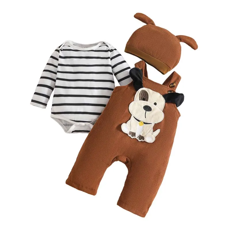 

3Pcs Sets 0-18Months Baby Boy Girl Clothes Autumn Long Sleeves Striped Onesie Cartoon Puppy Suspender Pants Hat Newborn Clothing