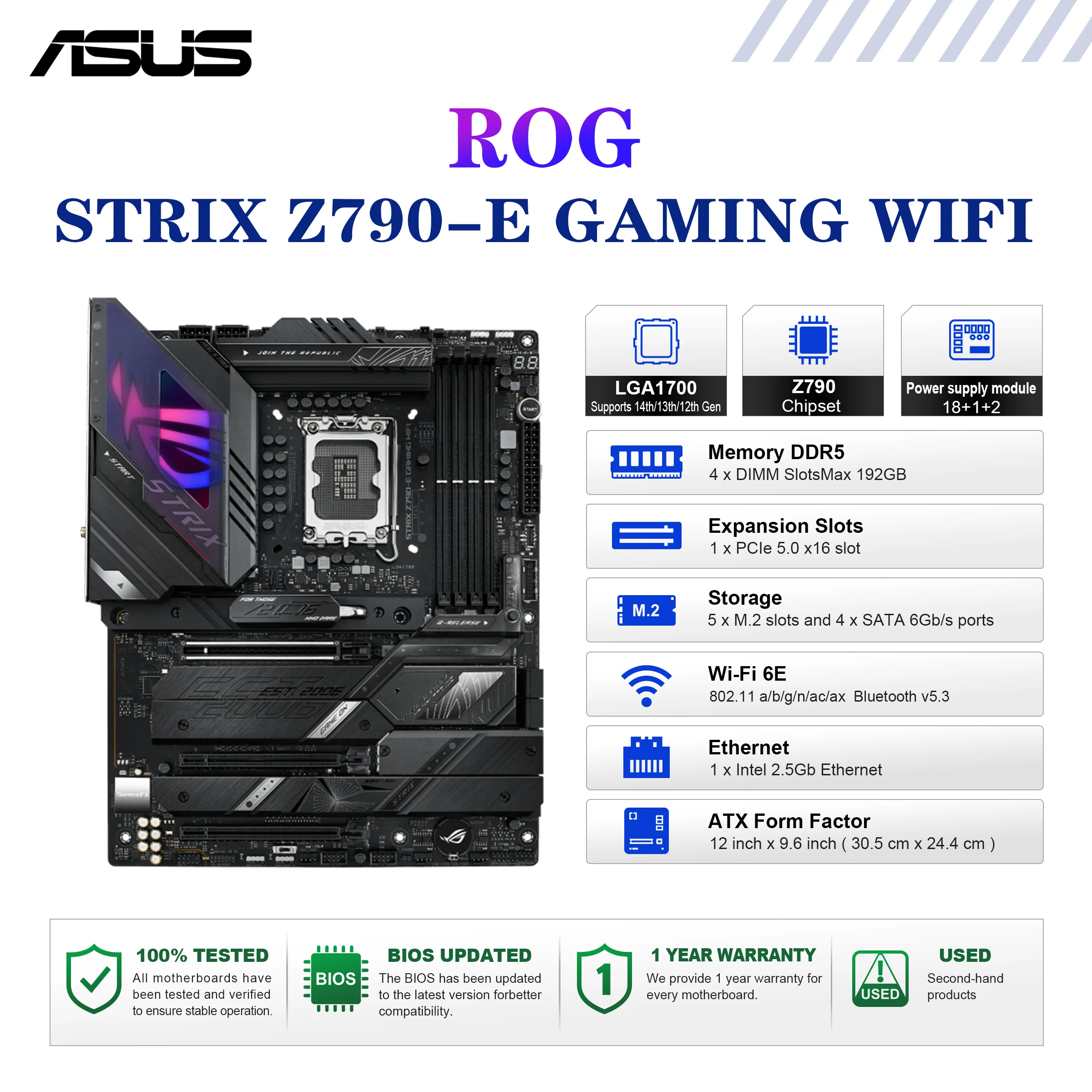 ASUS ROG STRIX Z790-E GAMING WIFI Motherboard Sockel LGA1700 CPU DDR5 7800+(OC) MHz Speicher Chipsatz Z790 ATX Mainboard