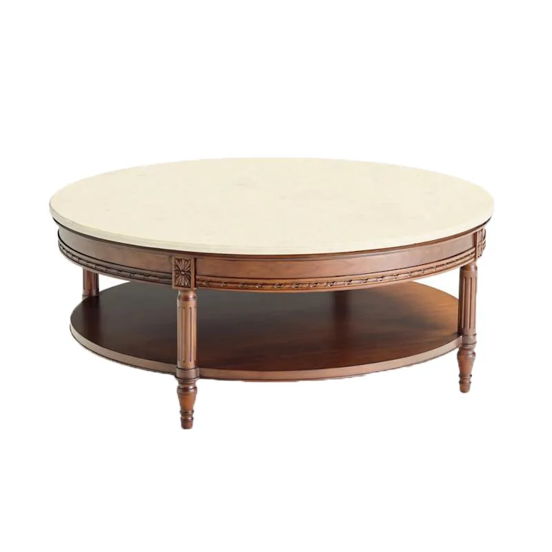 

Французский винтажный декоративный круглый кофейный столик ручной работы с мраморной столешницей и дубовой основой для гостиной