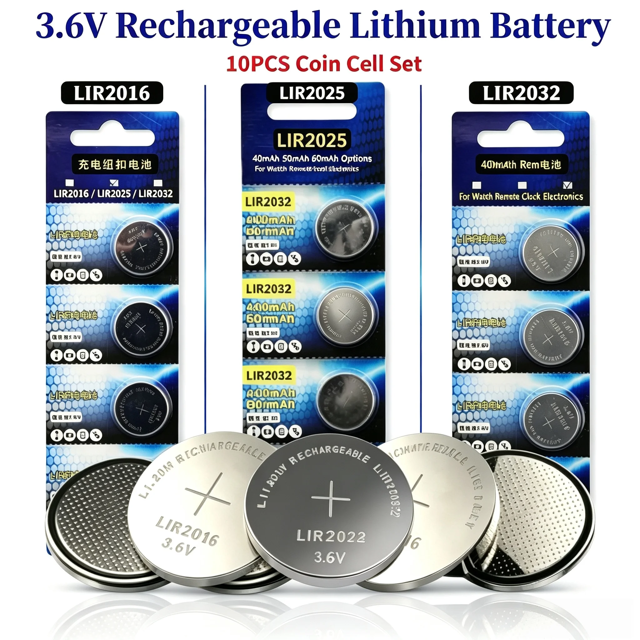10PCS 3.6V LIR2032 LIR2016 LIR2025 Rechargeable Button Cell Batteries LIR 2032 Coin Cells CR2032 CR2025 CR2016 Watch Batteries