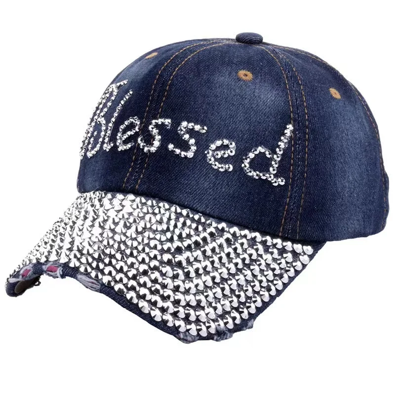 American Denim fabric Distressed baseball cap with bling rhinestone blessed logo