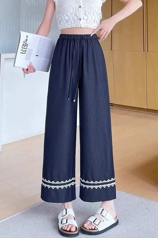 

Korean-style Wide-leg Pants for Women, Summer Thin 2025 New High-waisted Loose Slim Petite Lace Straight Pants