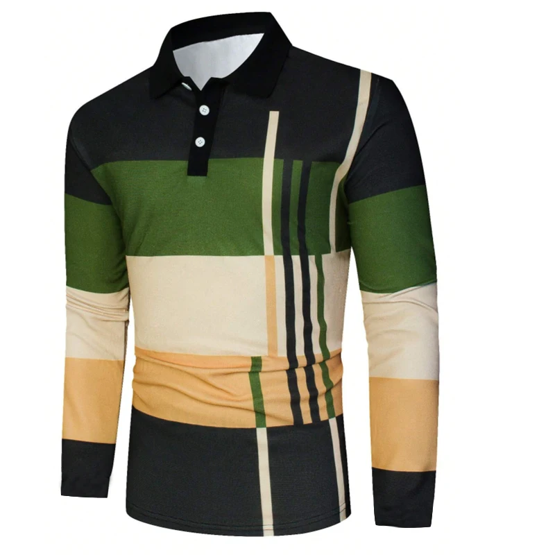 

3D Printed Geometric Pattern Men's Polo Shirt Autumn Long Sleeve Lapel Button Clothes Fashion Classic Plaid Golf T-Shirt For Men