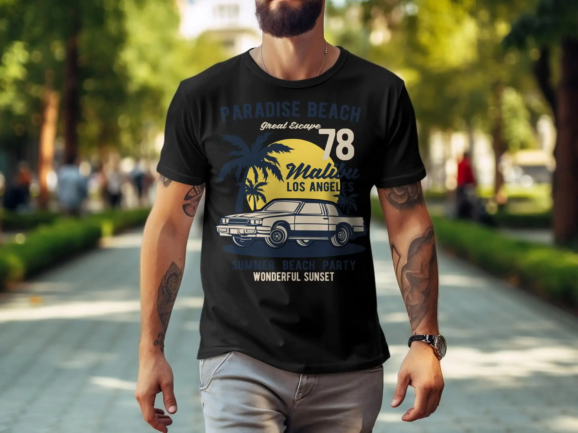 Vintage Malibu Beach Sunset T Shirt Summer Party Los Angeles Retro Car Top Casual Wear