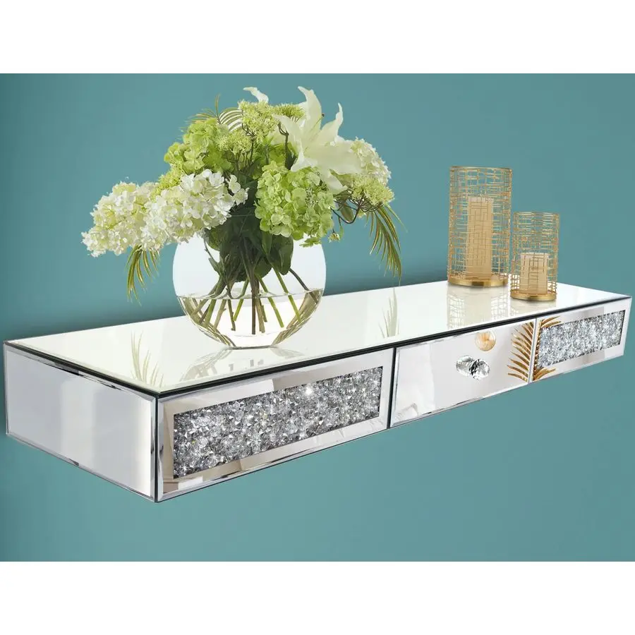 

Furniture Wall Shelf with Drawer, Crystal Diamond Floating Showcase, Silver Mirror Crushed Diamond Decorative Dressing Table, G