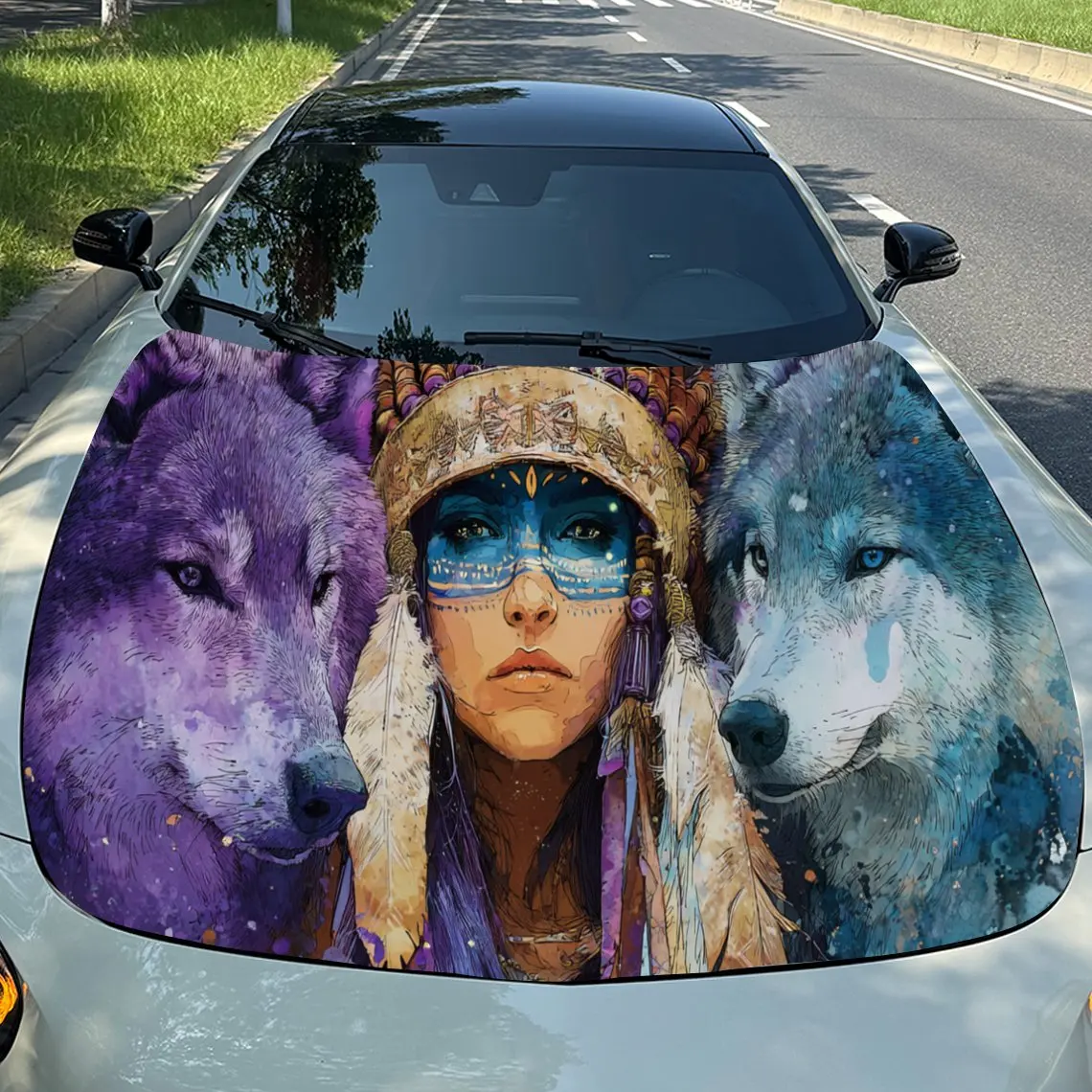 Woman with Two Wolves Car Engine Hood Vinyl Wraps Sticker, Trendy Auto Cover Decal, Waterproof Self-adhesive Vehicle Decal, Anti