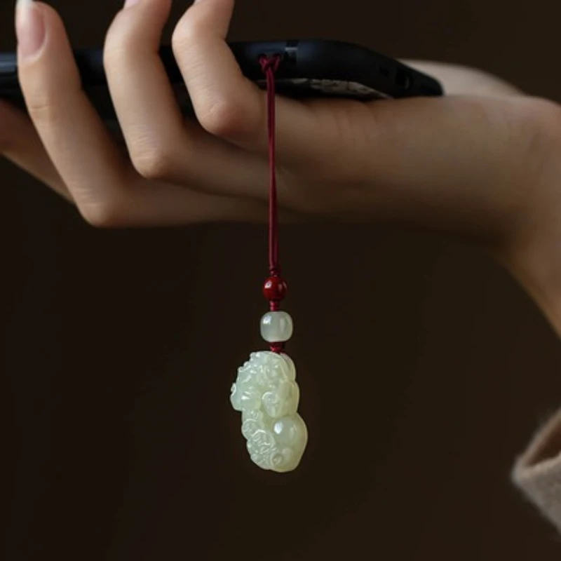 

Chinese Style White Jade for Wealth, Pixiu Boutique Mobile Phone Pendant, Unisex Key Bag Hanging Rope