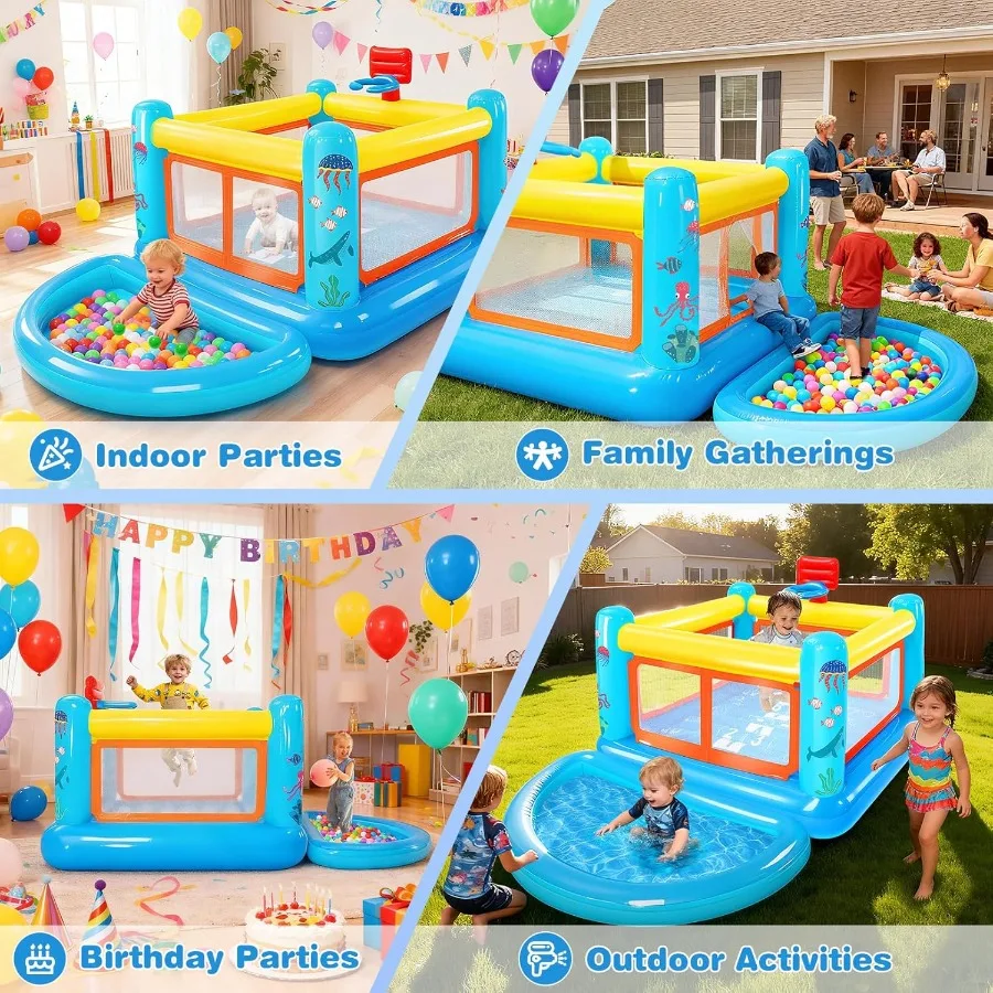 Aufblasbare Hüpfburg für kleine PVC-Hüpfburg, Spielhaus, Pullover, abnehmbarer Bällebad, Basketballkorb, Hopscotch-Spiel, Luftpumpe