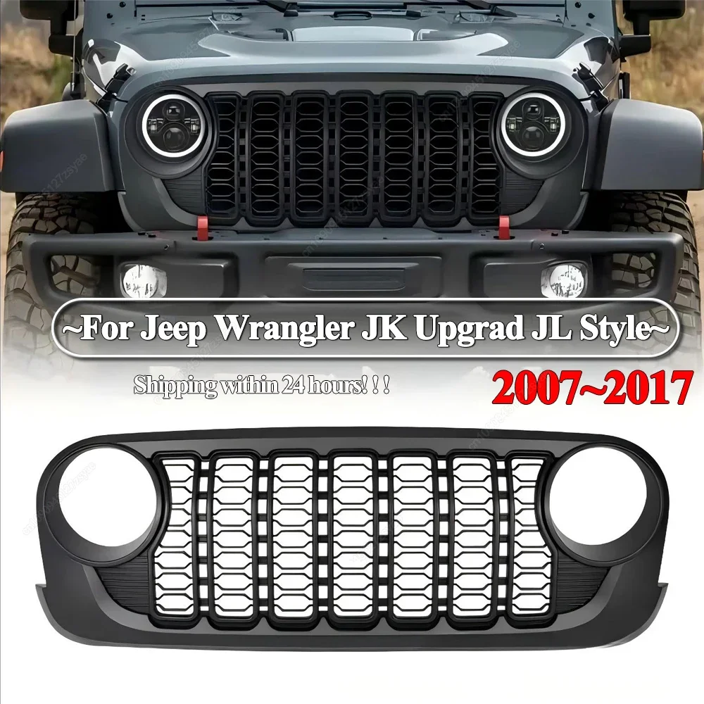 Car Front Bumper Grill Mesh Grille Black ABS Replacement Accessories For Jeep Wrangler JK 2007-2017 Upgrad JL Style Grill Tuning