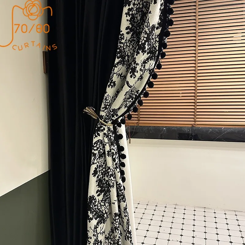 

Cashmere Cloth Black Jacquard Stitching Thickened Blackout Curtains for Living Room Bedroom Balcony French Window Customized