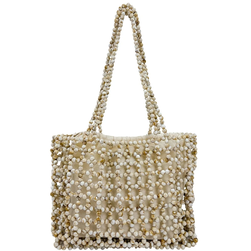 

New Handmade Acrylic Beaded Shoulder Bag Women's Double Color Tote Bag Large Capacity Hollow Out Evening Bag with Inner Pocket