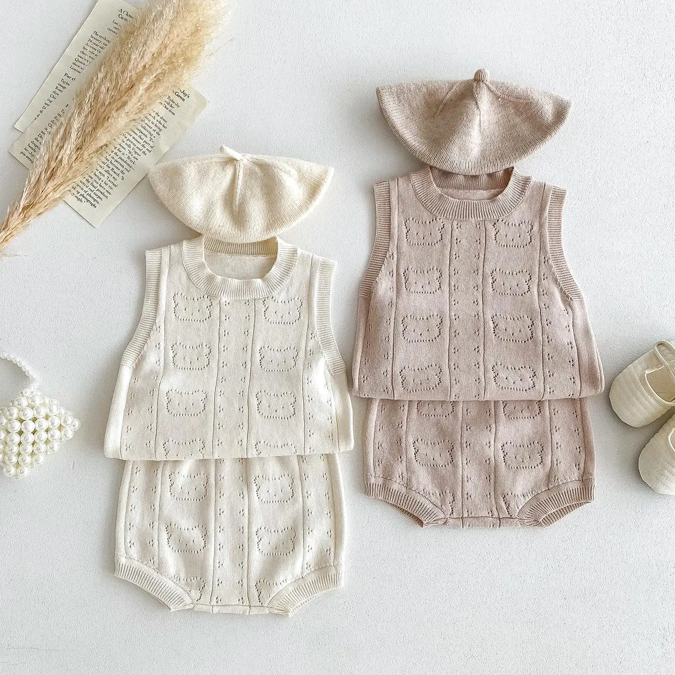 

Summer Children Knitted Hollow Out Cartoon Bear Vest Suit Boy Girl Baby Solid Knit Sleeveless Tops + Shorts 2pcs Kid T-shirt Set