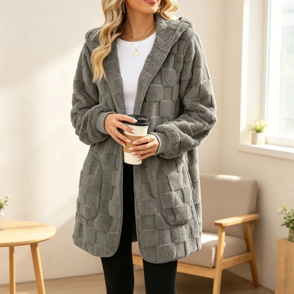 Womens Regular Length Hooded Fleece Cardigan Solid Color Checkered Embossed Style for Vacation Beach and Cycling Use