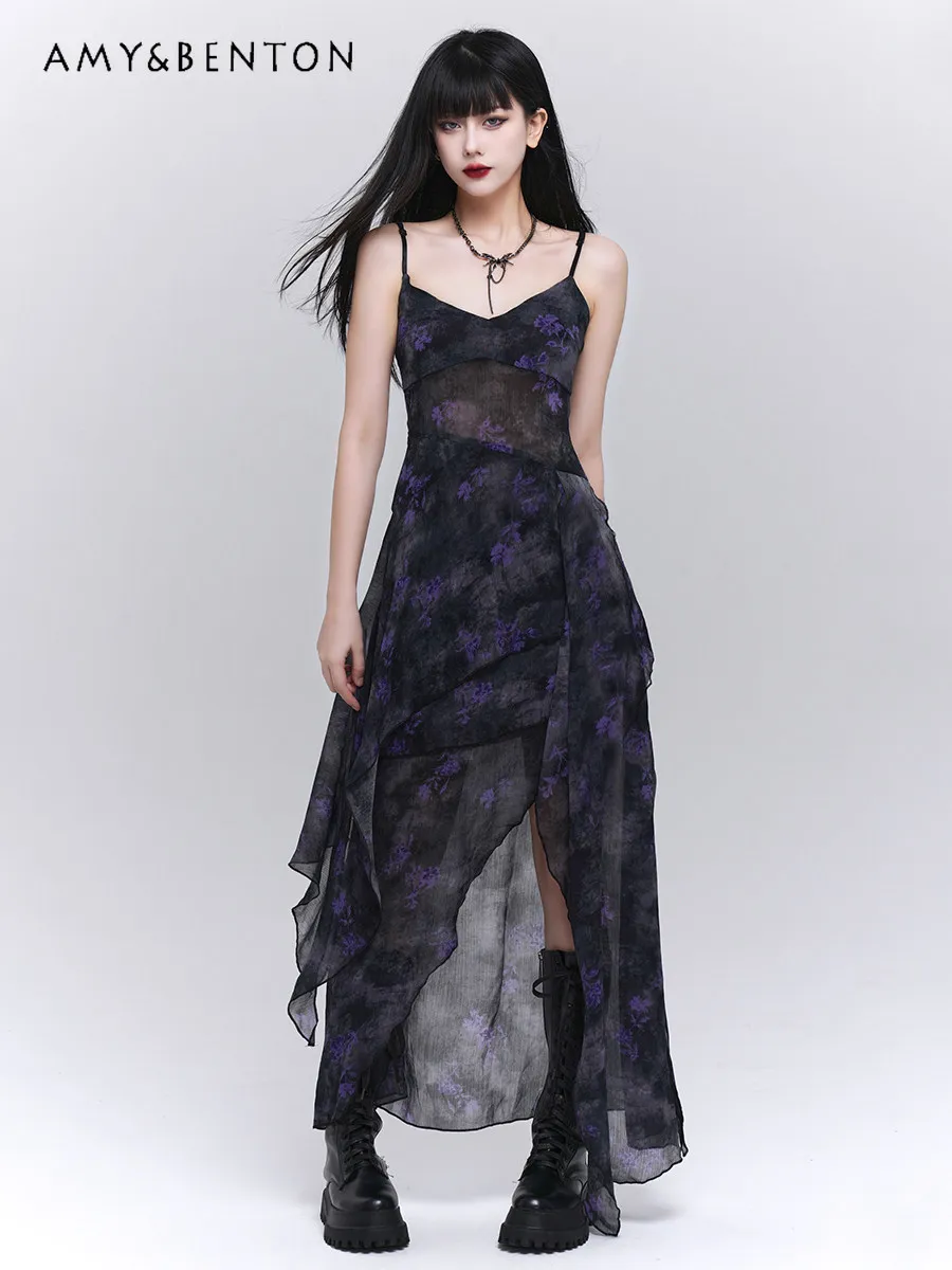 

2026 Summer New Women Dark Floral Print Chiffon Maxi Dress Black Purple Gothic Irregular Hem Sleeveless Cami Dress