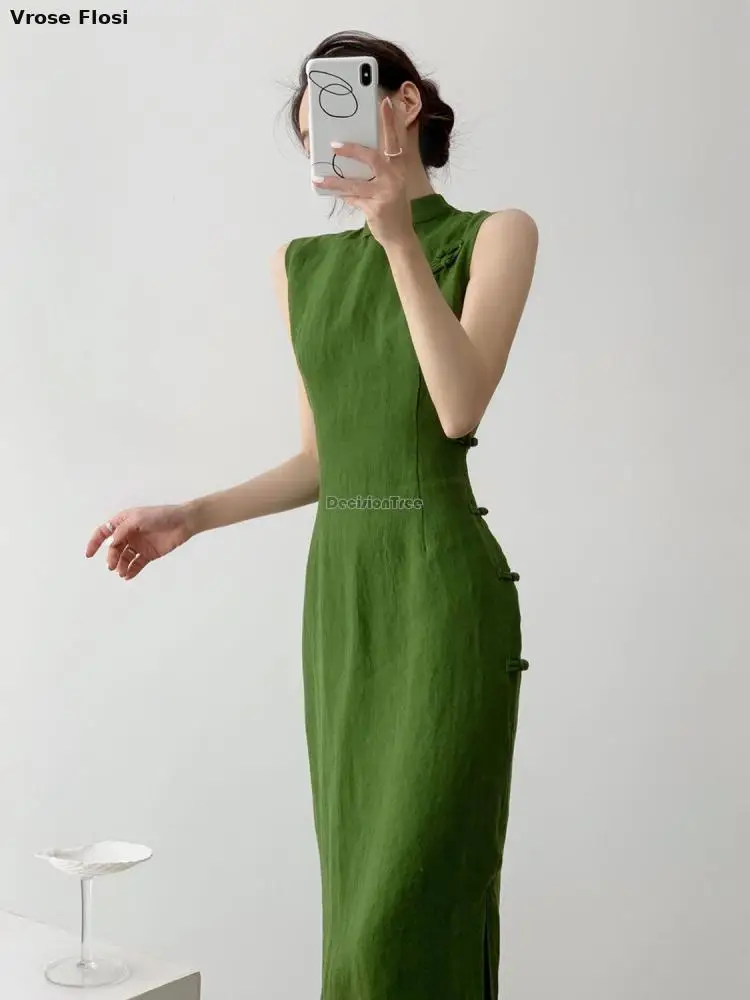 วินเทจจีน Qipao ชุดสีเขียวมรกตแขนกุดเอว Cinching High Slit Elegant สวมใส่ทุกวัน Breathable ผ้าลินินเซ็กซี่ชุด