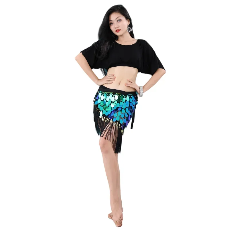 Belly Dance Hip Skirt Fringe Scarf Sequin Wrap Hip Women's Clothing Belly Dance Belt Dance Performance Skirt Shining Super Long