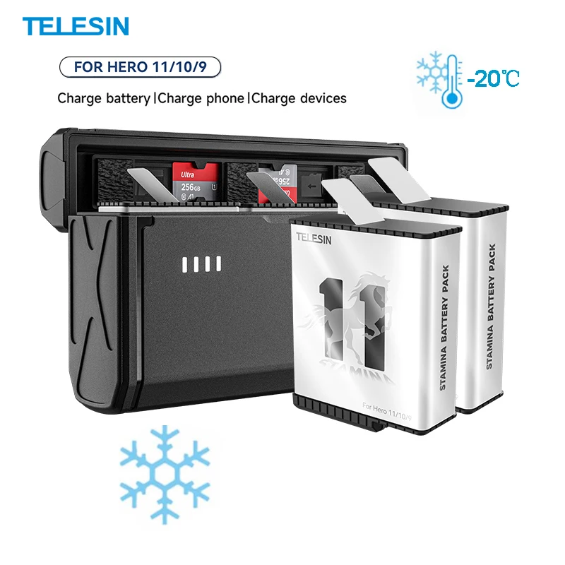 

TELESIN 1750mAh Endurence Battery GoPro Hero 11 10 9 Battery 3 Slots TF Card Battery Storage Charger Box For GoPro 9 10 11