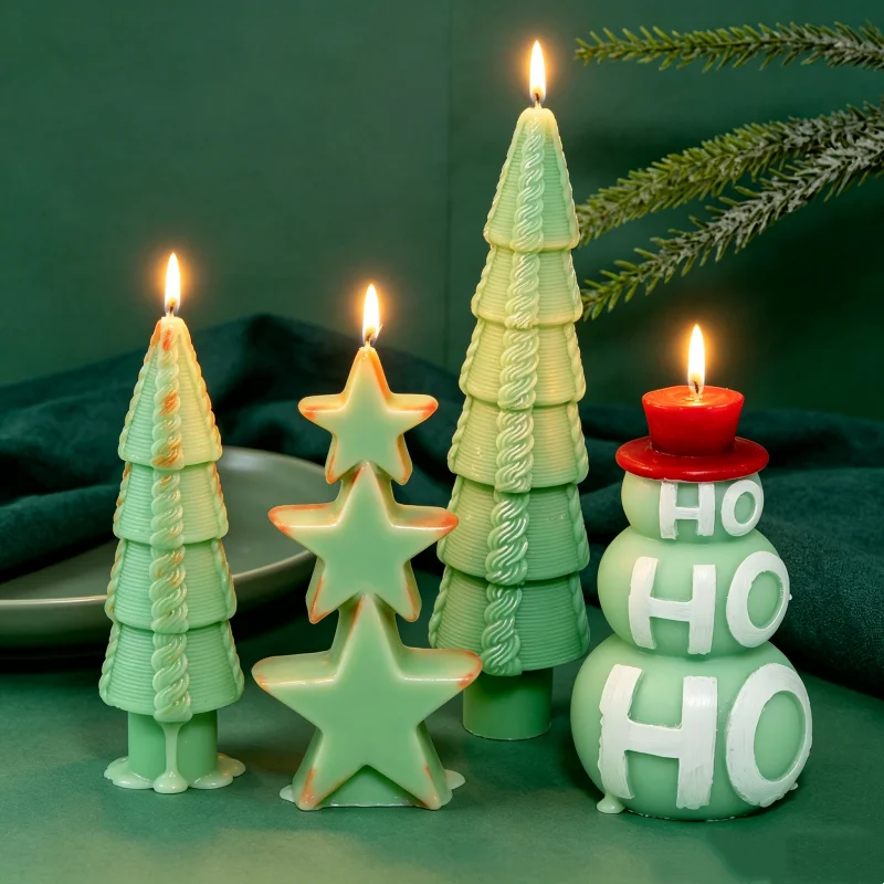 3D Christmas Tree & HO HO HO Snowman Silicone Candle Mold, Layered Star Hat Wax Mould for DIY Soap Resin Plaster Xmas Home Decor