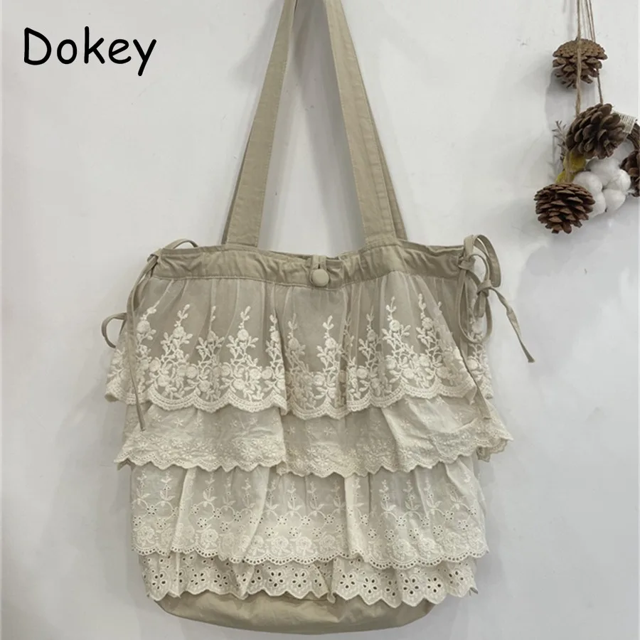 Vintage Mori Girl Lace Ruffled Canvas Bag Women Ins New Japanese Style Lace-up Shoulder Bag Casual Large Capacity Book Handbags