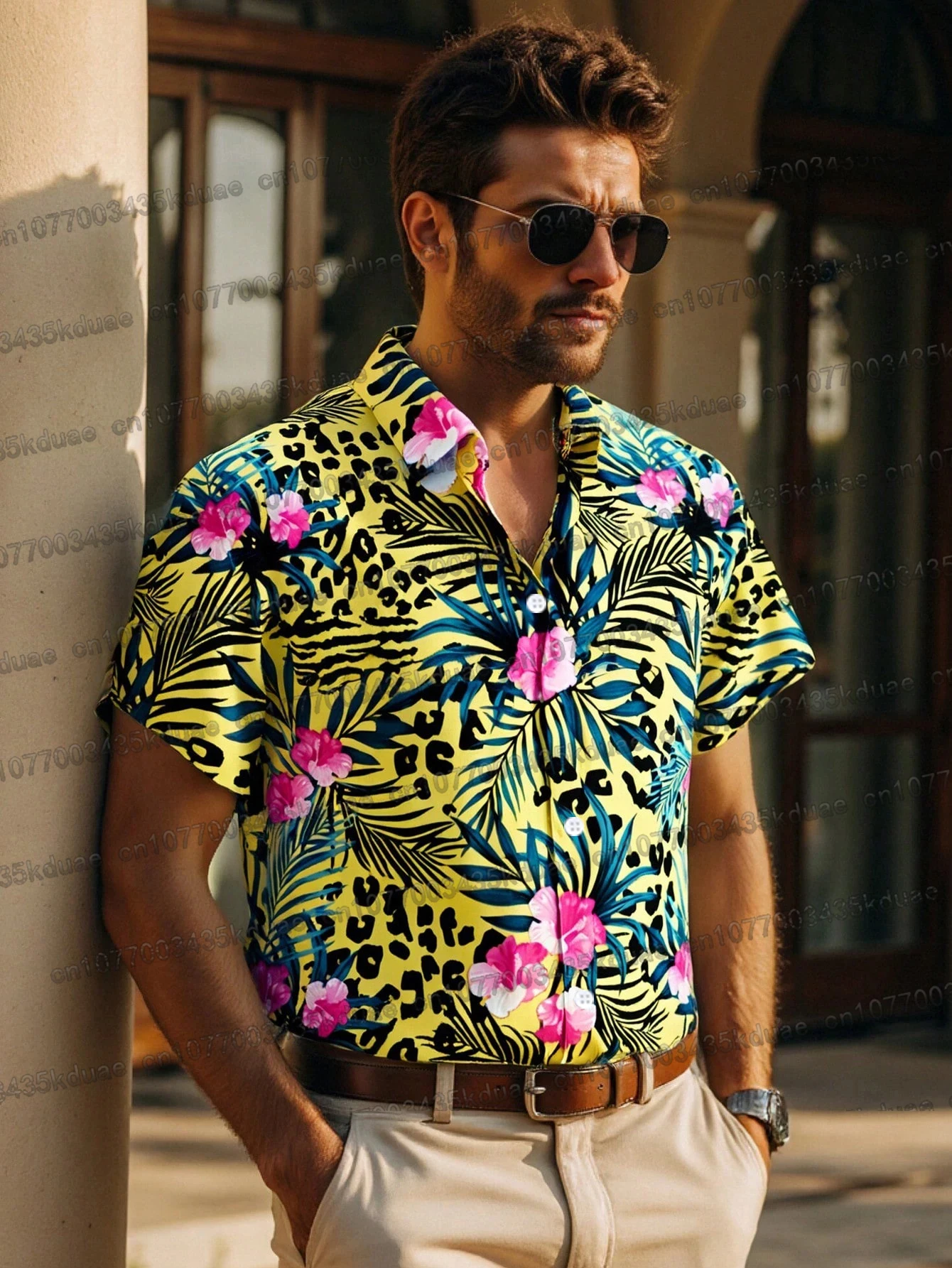 

Men's Slim-Fit Floral Printed Short Sleeve Woven Casual Shirt Suitable For Hawaii Vacation Men's T-shirt Summer Men Clothing Top