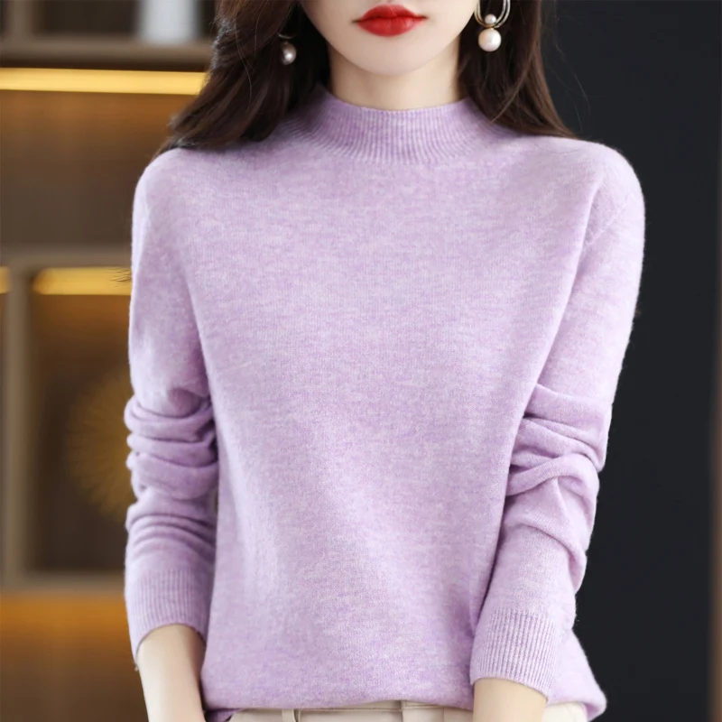 Spring Autumn Season Wool Sweater Women\'s 100% Wool Half High Collar Sweater Solid Color Fashion Loose Knitted Pullover shirt