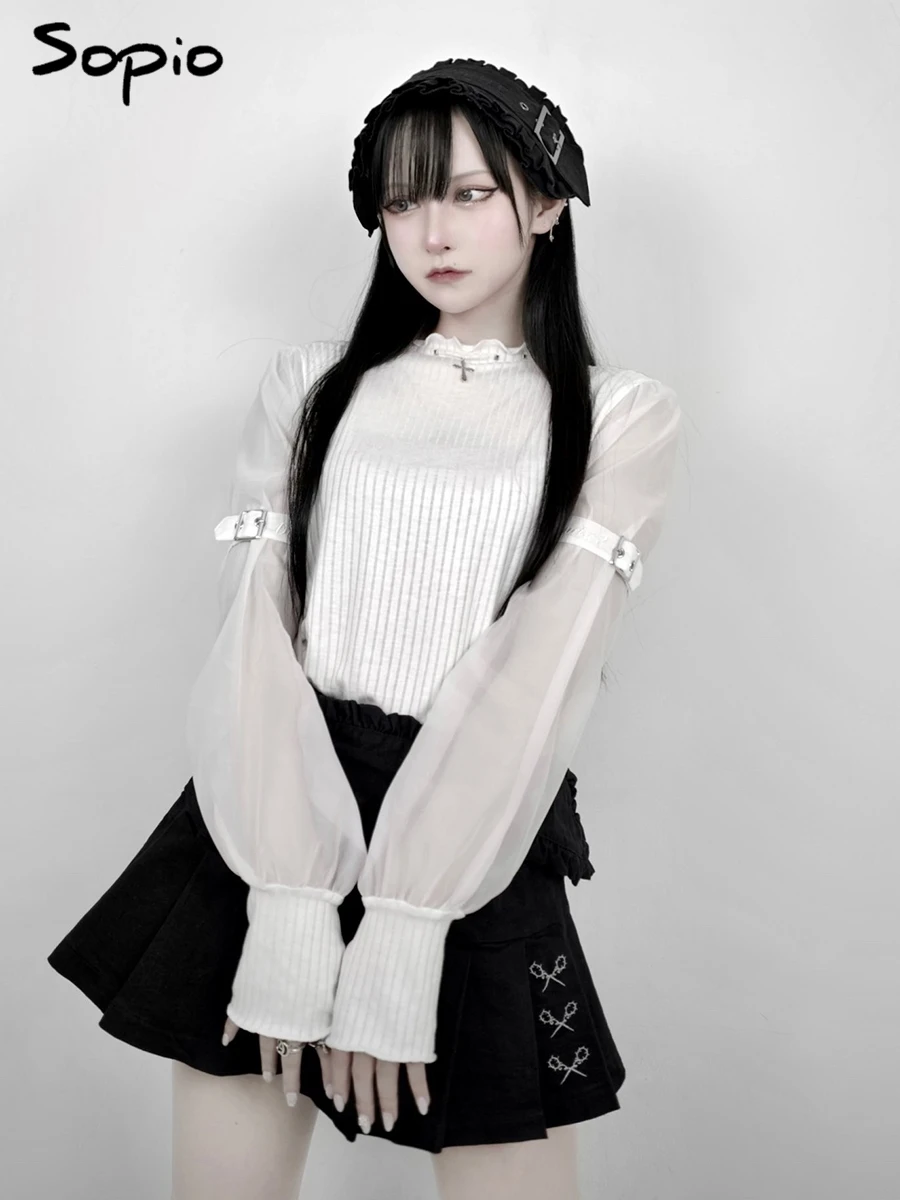 

Готическая блузка в стиле Харадзюку для женщин, с сетчатыми вставками, в стиле дарк-панк, с вышивкой крестиком, прозрачная, в стиле пэчворк, с рукавами-фонариками, кавайные блузки