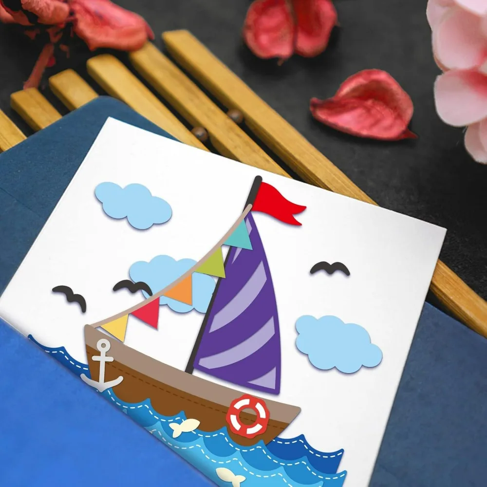 Sailboat Cutting Dies Sailing Adventure Banner Wave Seagull Fish Cloud Die Cuts for DIY Scrapbooking Festival Greeting Cards