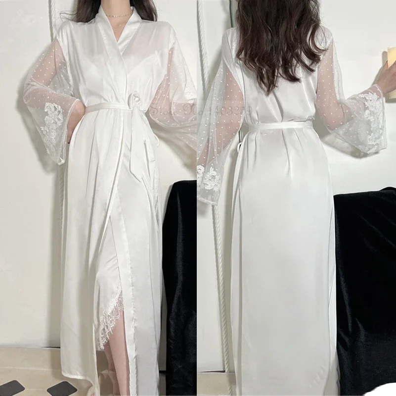 قطعتين مجموعة مثير الدانتيل فستان النوم عادية رايون Homewear الربيع الصيف طويل كيمونو روب استحمام ثوب جديد الإناث ملابس خاصة ثوب النوم