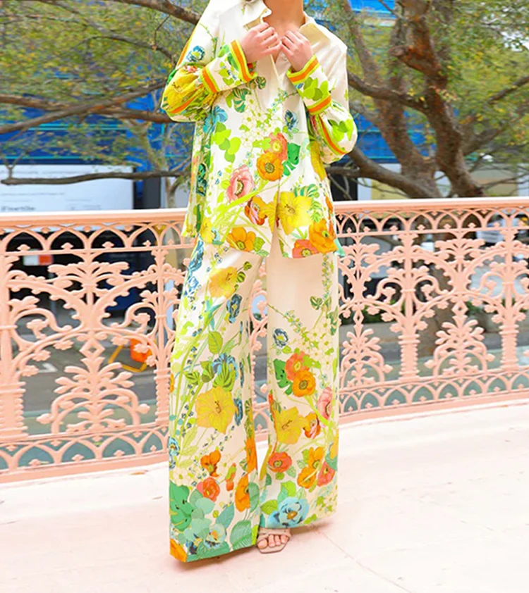 2024 New Women's 2-piece set, vintage printed shirt, puffed out long sleeves lapels, women's top pants, spring casual streetwear