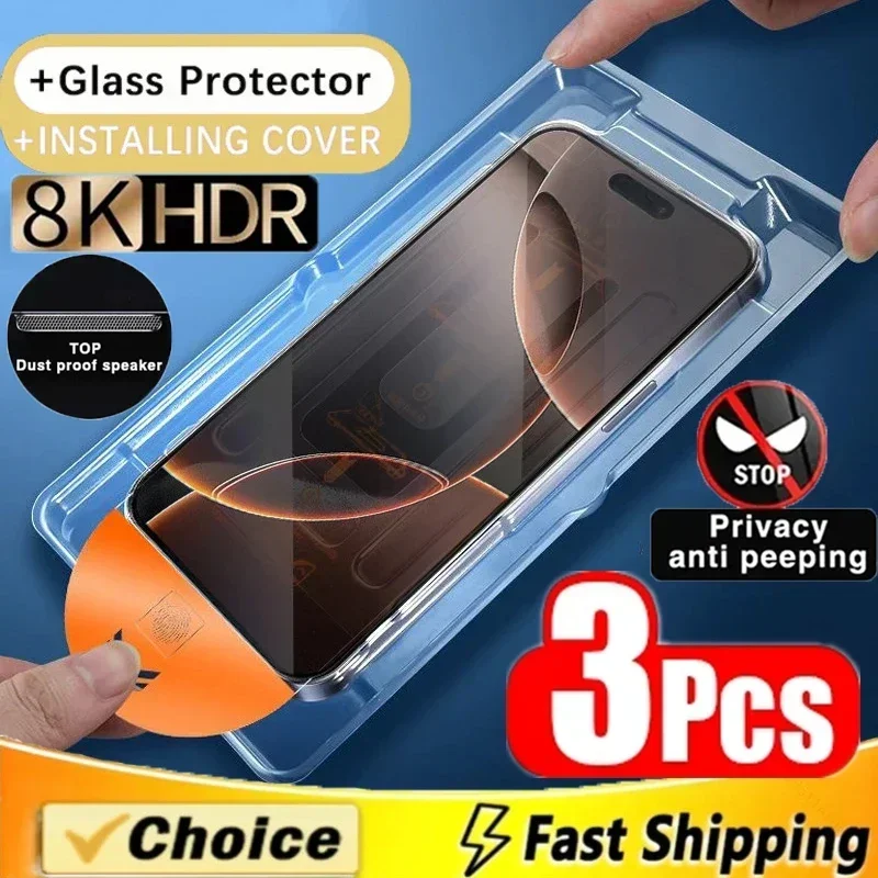 3Pcs Dust Free Installation Privacy Screen Protector for IPhone 16 11 12 13 15 14 Pro Max 7 8 Plus Mini X XR XS Anti-spy Glass