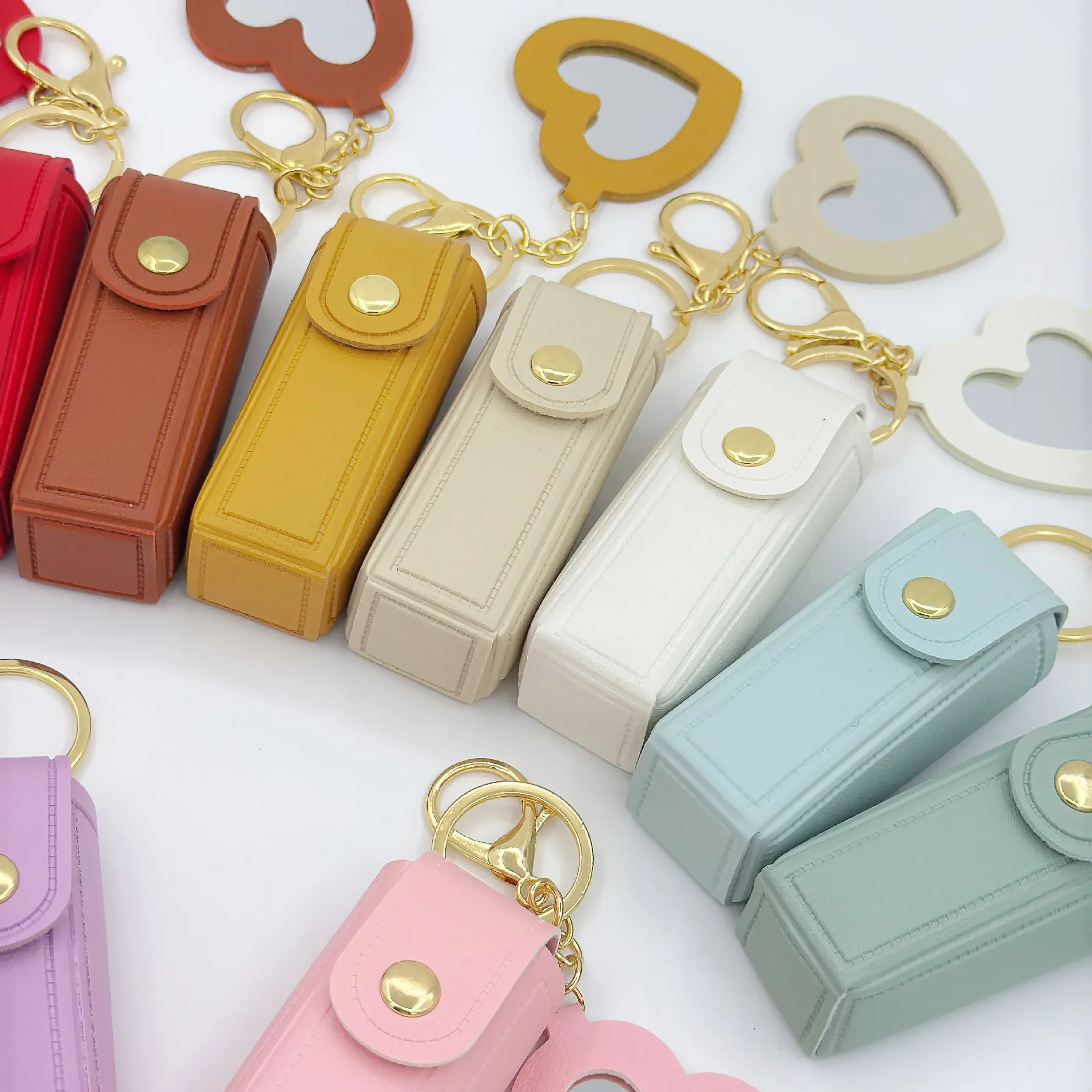 Fashion Leather Keychain with Mirror, Trendy Mini Pouch