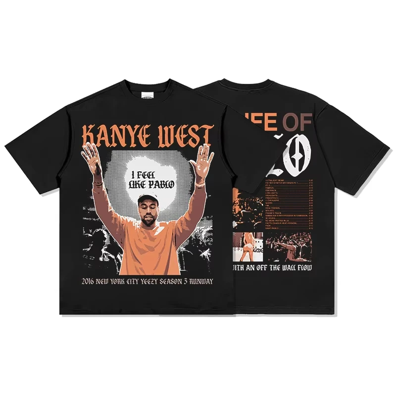 

Новая американская ретро футболка с принтом Kanye из плотного хлопка, повседневная свободная футболка с короткими рукавами, топ для пар, большие размеры