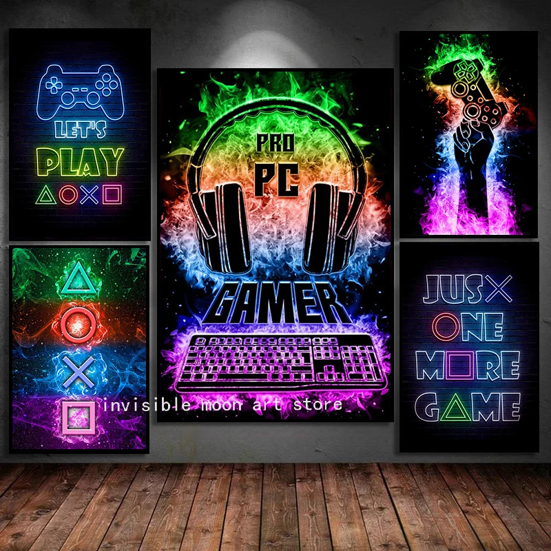 Modern Neon Gamers Handle Playstation Headset Keyboard Art Posters Canvas Painting Wall Prints Pictures for Boys Room Home Decor