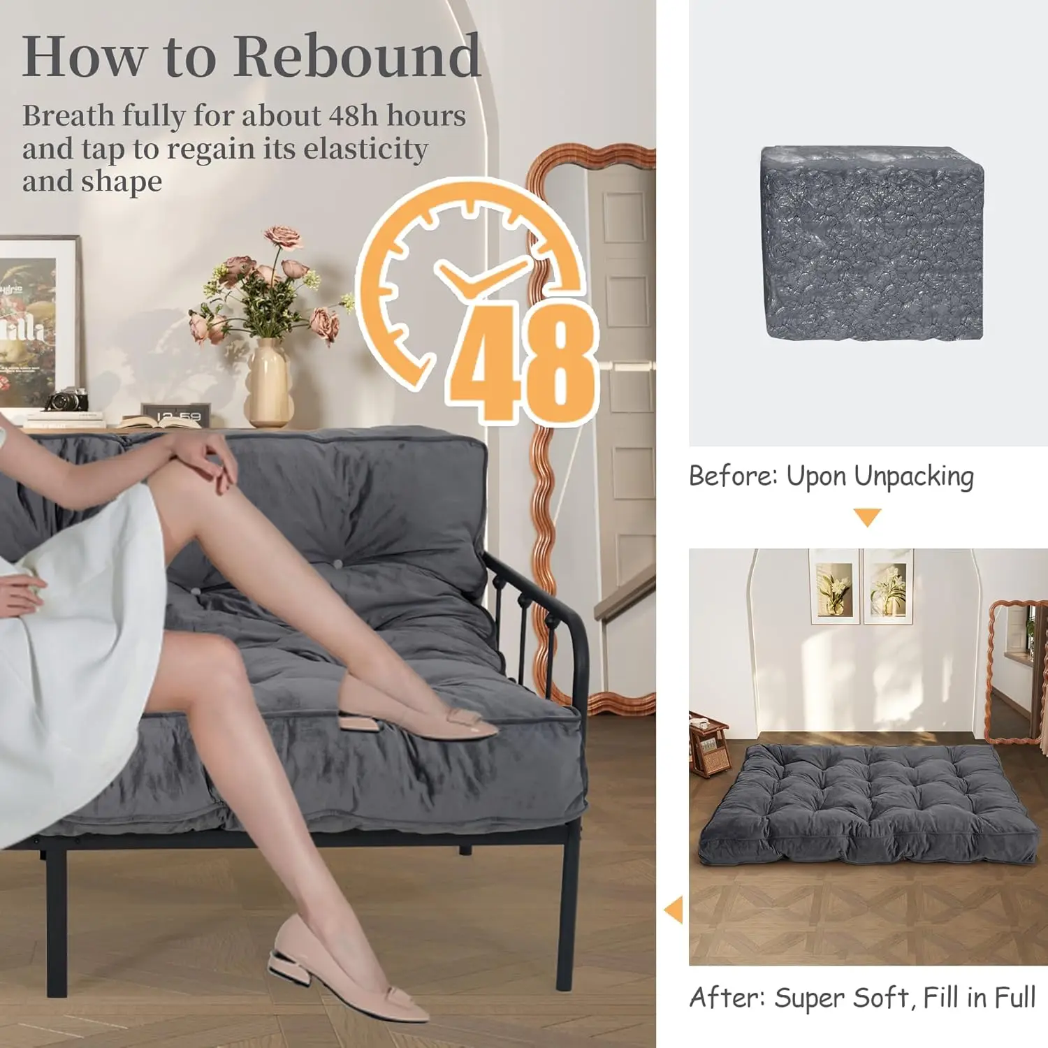 Dark Grey Shredded Foam Futon Mattress for Adults, No Assembly Needed, Ideal for Living Rooms
