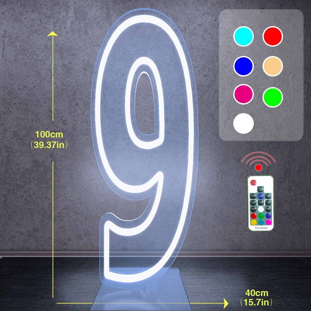 Tanda Neon Digital 100cm 0-9 RGB, lampu nomor warna-warni untuk pesta ulang tahun dekorasi latar belakang tanda menyala dengan alas (3,28 kaki