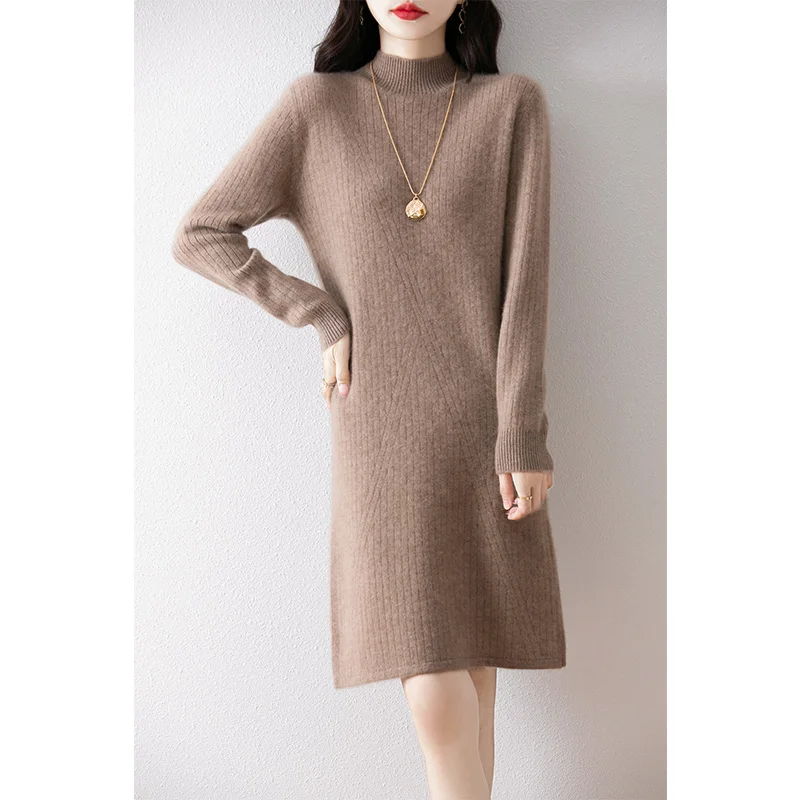 2024 Autumn Half High Collar Pure Wool Knitted Dress for Women, Loose Inner with Cashmere Medium Length Woolen Dress