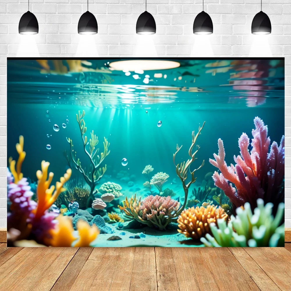 Underwater World Seabed Photography Backdrop Ocean Undersea Shark Fish Coral Baby Birthday Party Decor Photo Background Props