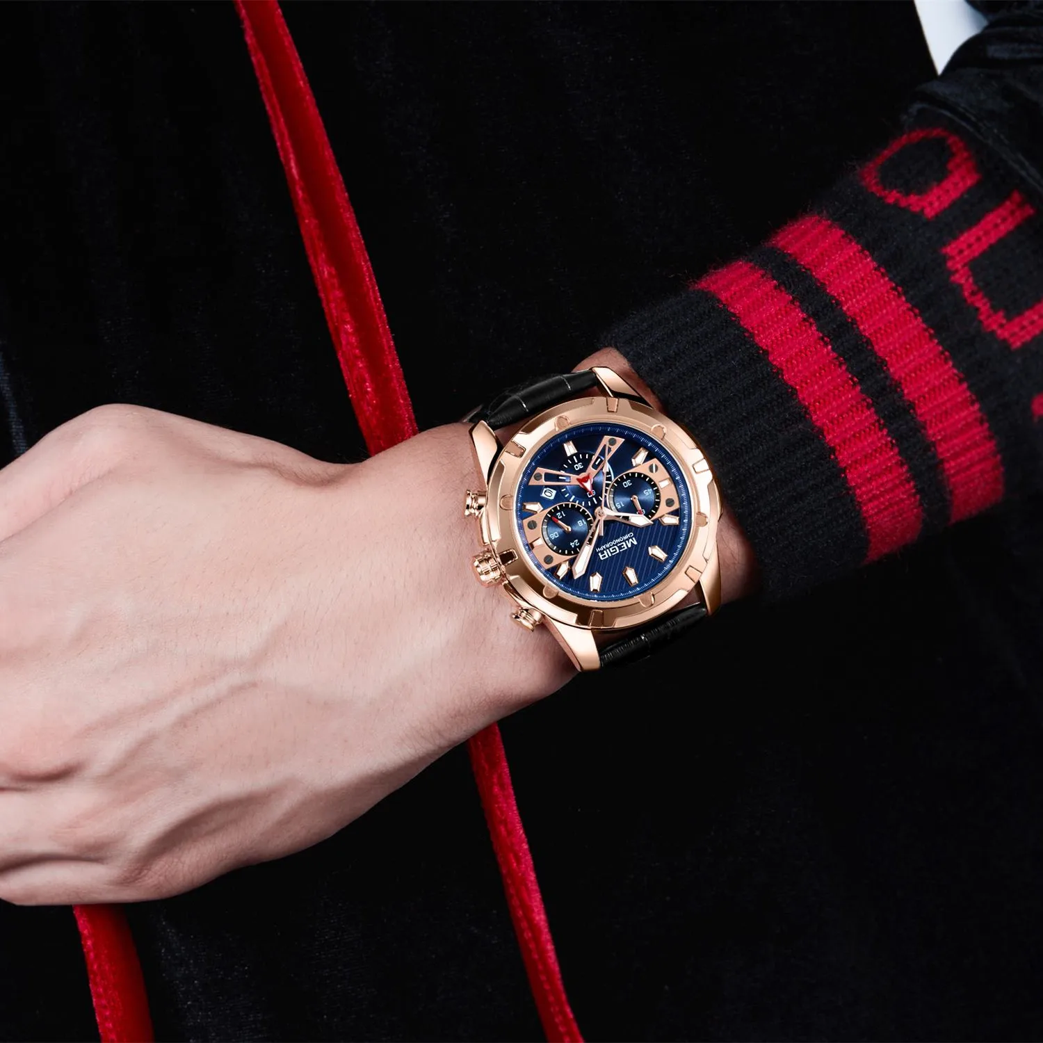 Megir luxo masculino esporte relógios de couro militar quartzo relógio de pulso à prova dwaterproof água homem cronógrafo 24 horas montre homme 2102