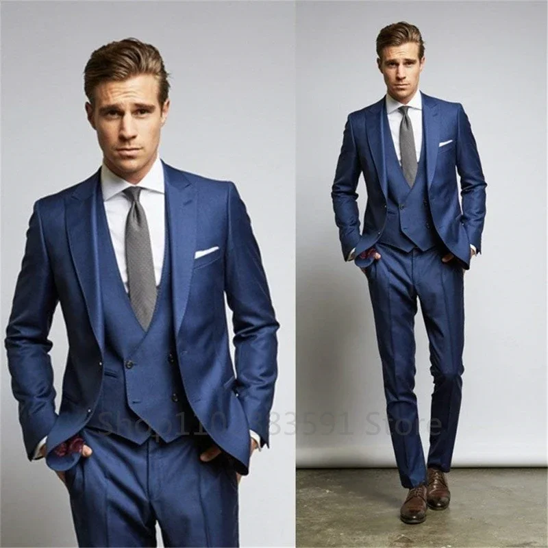 

3 Pieces (Jacket+Vest+Pant）Navy Men Wedding Suits Groom Wear Peak Lapel Wedding Groom Tuxedos Business Party Suit Costume Homme