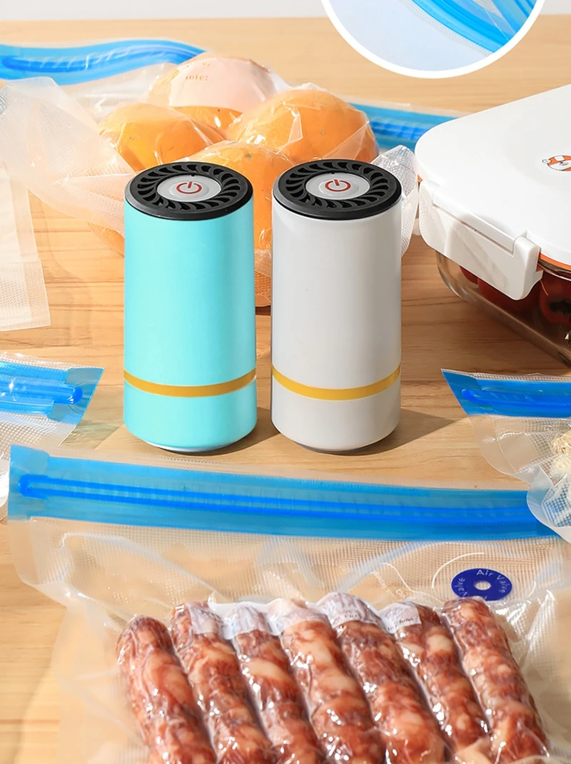 Bomba selladora al vacío eléctrica de mano, bolsas Sous Vide recargables por USB sin BPA, juego de bolsas reutilizables con cremallera para almacenamiento de alimentos, 5 uds.
