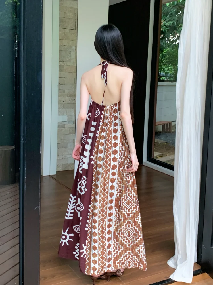 CHEERART Boho Tribal Patchwork Marrone Abito lungo per donna 2025 Estate Backless Scollo a V Una linea Halter Maxi Dress Abiti da vacanza