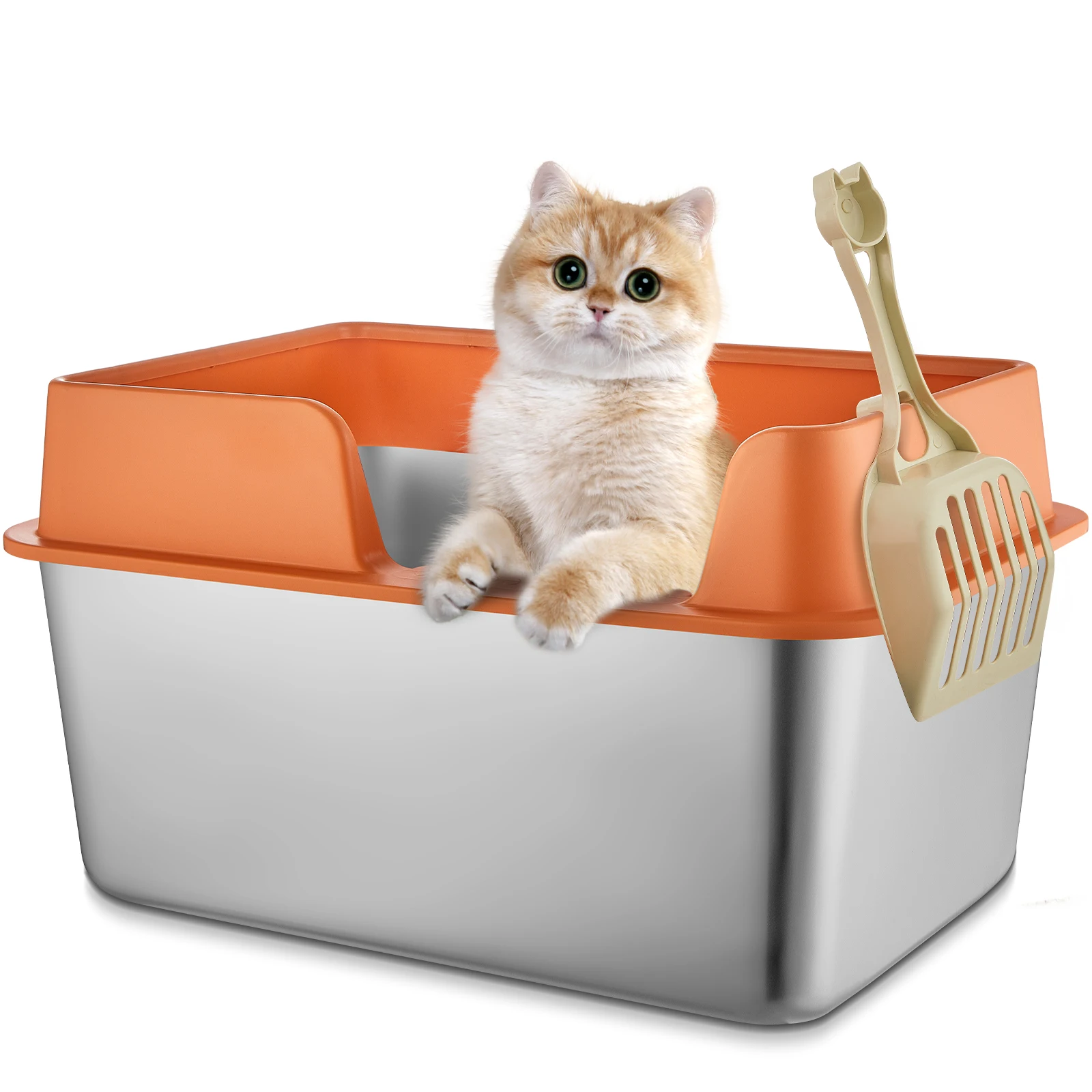 Stainless Steel Cat Litter Tray Semi-Enclosed Cat Toilet Heightened Fence Splash-Proof Cat Litter Box with Scoop Pet Supplies ﻿