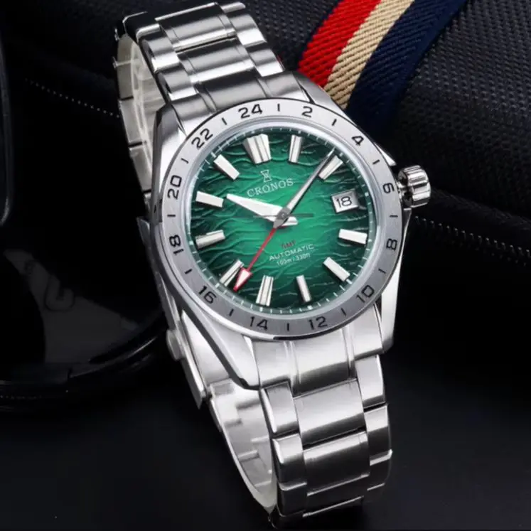 CRONOS Men Automatic Watch 39mm GMT Mechanical Wristwatch Sapphire Dive 10Bar Waterproof BGW-9 Luminous NH34 Desert Texture Dial