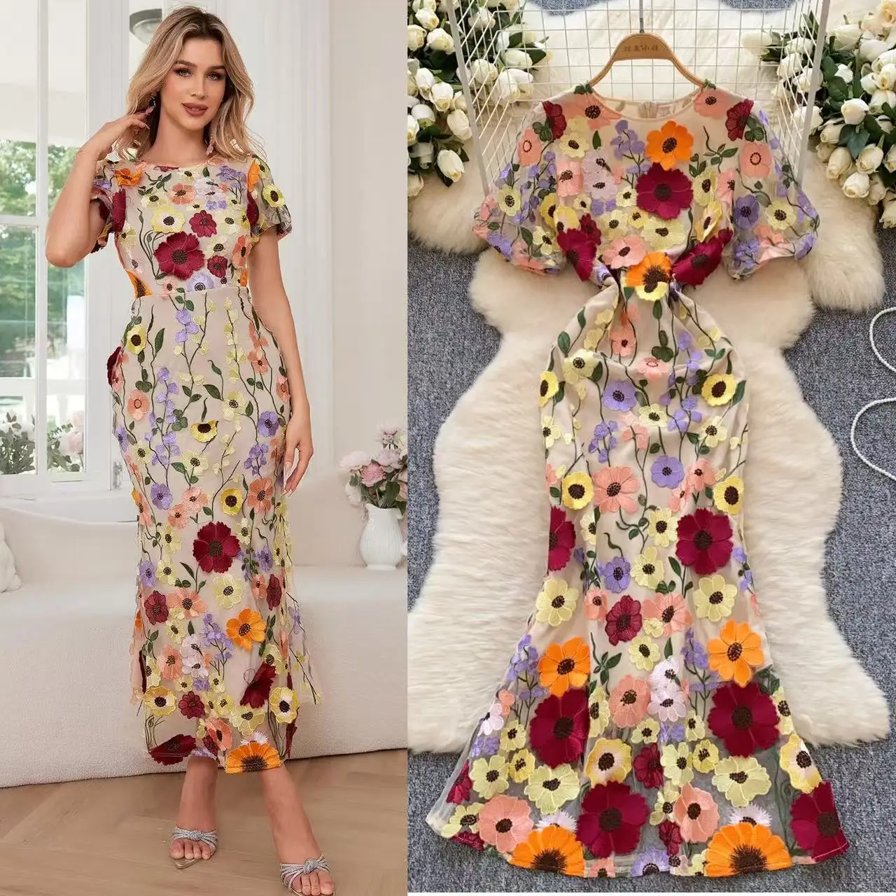 5 Yards Unilateral Colorful 3D Flower Lace Fabric DIY Wedding Dress Luxury Latest Width 130cm Hot Selling Sewing Wedding Dress
